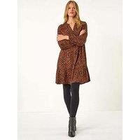 Roman Animal Print Pintuck Smock Dress - Rust