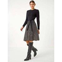 Roman Check Print Belted Jumper Dress - Black