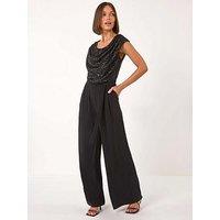 Roman Sequin Bodice Cowl Neck Jumpsuit - Black