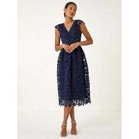 Roman Premium Crochet Lace Midi Dress - Navy