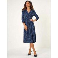 Roman Animal Print Mock Wrap Midi Dress - Blue