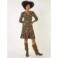 Roman Floral Print V-Neck Stretch Dress - Teal