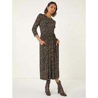Roman Ditsy Floral Gathered Midi Dress - Black