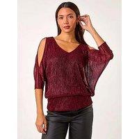 Roman Metallic Plisse Banded Hem Top - Red