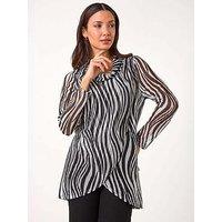 Roman Wavy Linear Print Cowl Neck Tunic - Black