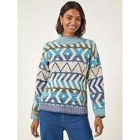 Roman Aztec High Neck Knit Jumper - Blue