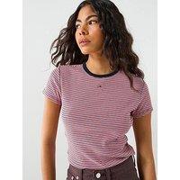 Tommy Jeans Slim Essential Ribbed Mini-Stripe T-Shirt - Red / Navy / White