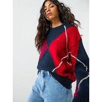 Tommy Jeans Argyle Crew Neck Sweater - Dark Night Navy Blue