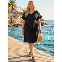 Roman Curve Cotton V-Neck Frill Dress - Black