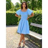 Roman Dusk Puff Sleeve Shirred Dress - Light Blue