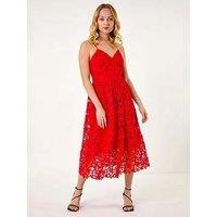 Roman Dusk Crochet V-Neck Cami Midi Dress - Red