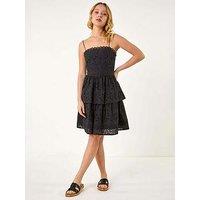 Roman Dusk Tiered Broderie Dress - Black