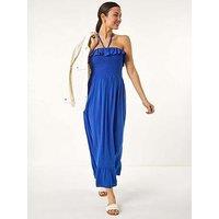 Roman Frill Shirred Bandeau Midi Dress - Blue