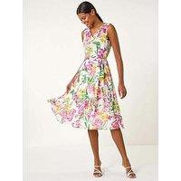 Roman Floral Print Cowl Neck Dress - White