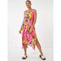 Roman Floral Print Hanky Hem Midi Dress - Pink
