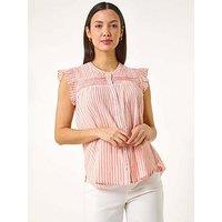 Roman Stripe Print Frill Blouse - Light Pink