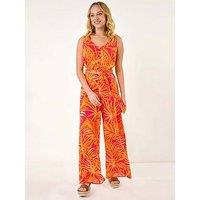 Roman Dusk Palm Print Belted Jumpsuit - Orange