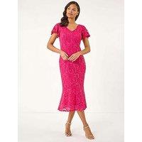 Roman Sequin Lace Ruffle Stretch Midi Dress - Fuchsia