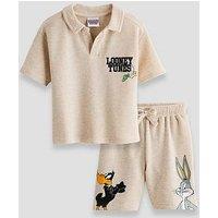 The Very Collection Looney Tunes Waffle Polo Top And Short Set - Cream