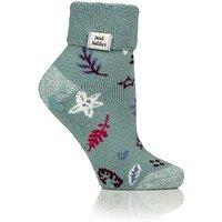 Heat Holders Iona Terry Turn Over Cuff Lite Winter Blooms Cosy Socks - Mint Multi - Green