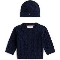 Tommy Hilfiger Baby Cable Crew Neck Jumper And Beanie Hat Set - Navy