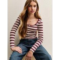 New Look 915 Girls Stripe Cropped Long Sleeve Top -Red