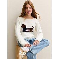 New Look 915 Girls White Sausage Dog Design Slash Neck Jumper