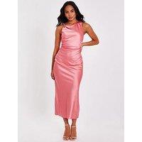 Quiz Coral Satin Ruched Midaxi Dress