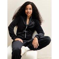New Look 915 Girls Velour Diamante Embellished York Zip Up Top - Black