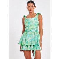 Quiz Green Tie Dye Bow Strap Playsuit