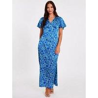Quiz Blue Satin Floral Midaxi Dress