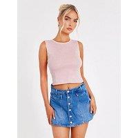 Quiz Pale Pink Knit Diamante Crop Top