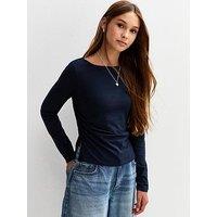 New Look 915 Girls Long Sleeve Ruched Side Slit Top - Navy