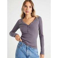 River Island Long Sleeve Popper Rib Top - Grey