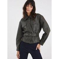 River Island Belted Long Sleeve Pu Shirt - Khaki