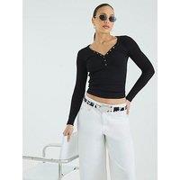 River Island Long Sleeve Popper Rib Top - Black