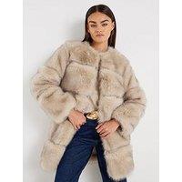 River Island Long Panelled Faux Fur Coat - Cream