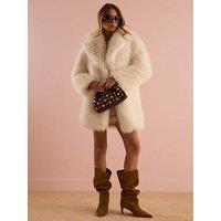 River Island Belted Mid Length Faux Fur Coat - Cream