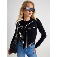 River Island Long Sleeve Mono Tipped Bow Knit Jumper - Black
