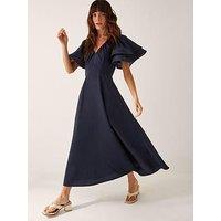 Monsoon Patricia Ruffle Sleeve Midi Dress Blue - Navy