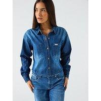 Guess Jeans Cropped Long Sleeve Denim Shirt - Blue