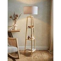 Valuelights Hiru Natural Wood 3 Tier Shelf Floor Lamp With Large White Shade