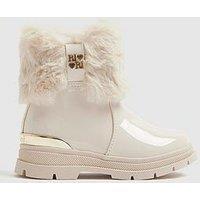 River Island Mini Girls Heart Bow Faux Fur Boots - Cream