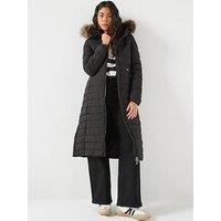 Superdry Fuji Faux Fur Hooded Longline Padded Coat - Black
