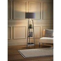 Valuelights Hiru Grey 3 Tier Shelf Wooden Floor Lamp + Reni Xl Ne Pendant Drum Shade Grey & Chrome Inner