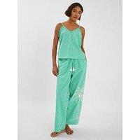 Accessorize Embroidered Stripe Long Pyjamas Set - Green