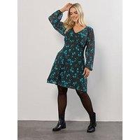 Yours Curve Short Mesh Balloon Sleeve Dress - Blue