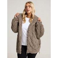 Yours Curve Texture Zip Thru Fleece - Brown