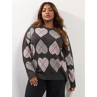 Yours Curve Argyle Heart Jumper - Grey