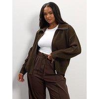 Yours Curve Funnel Neck Collar Bomber Cardigan - Brown